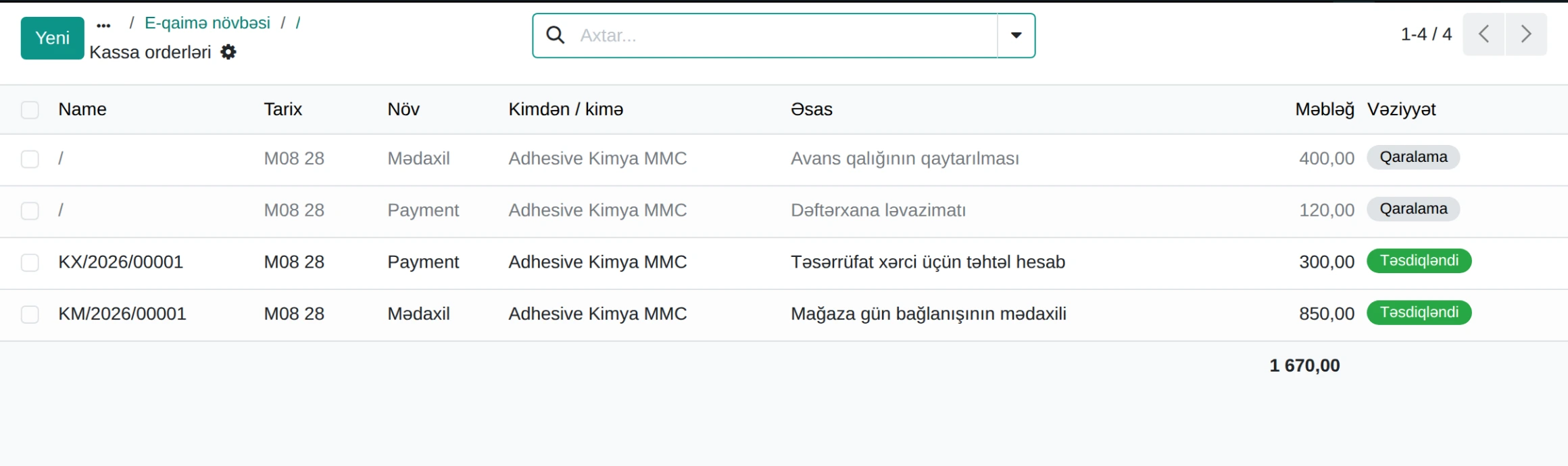 ERPONA-da kassa orderlərinin siyahısı